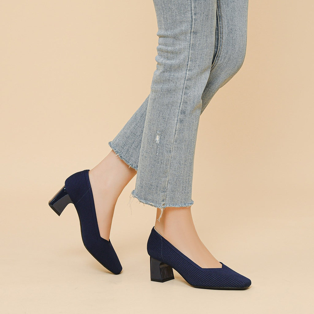Ribbed Knit Square Toe Block Heel Pumps