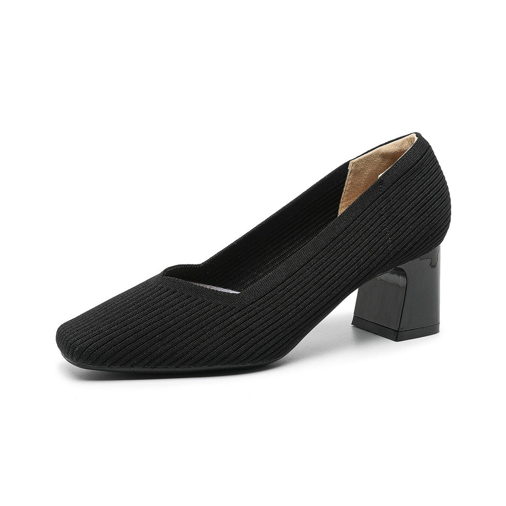 Ribbed Knit Square Toe Block Heel Pumps