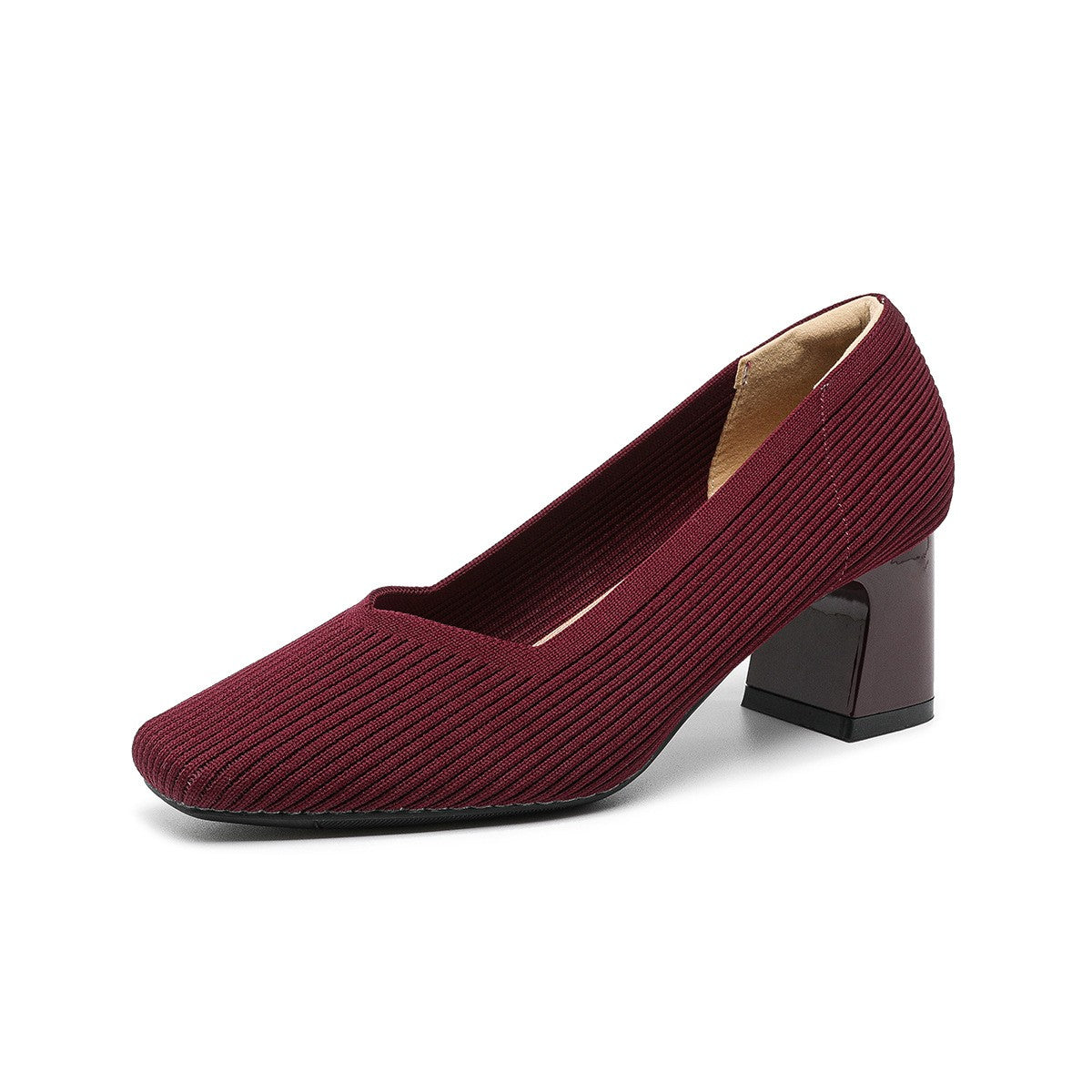 Ribbed Knit Square Toe Block Heel Pumps