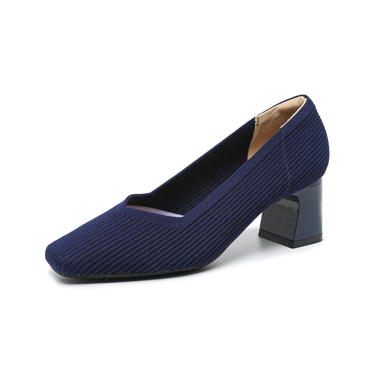 Ribbed Knit Square Toe Block Heel Pumps