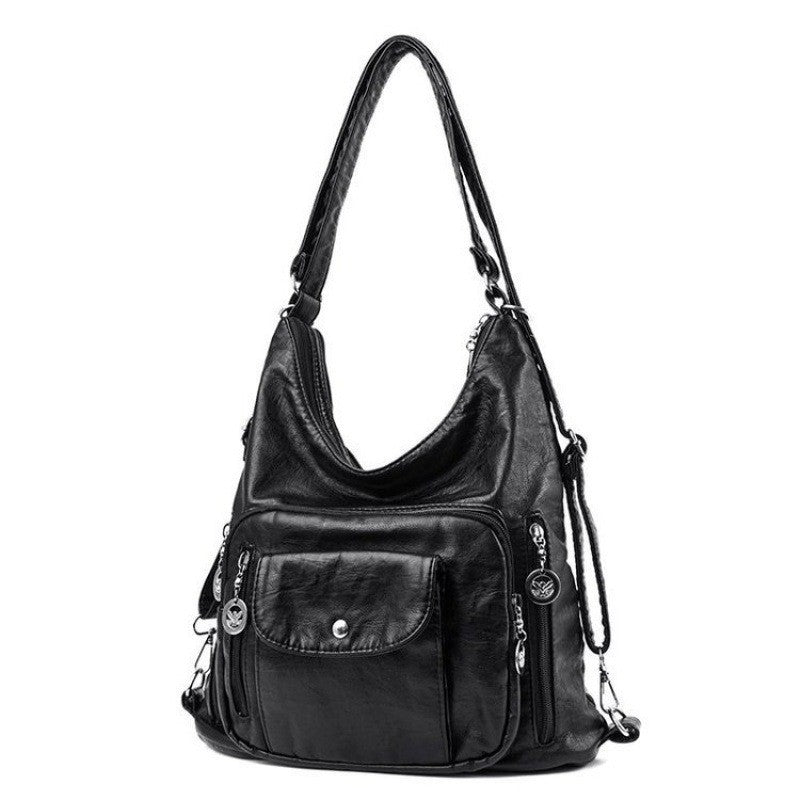 Washed Vegan Leather Convertible Hobo Backpack - Black