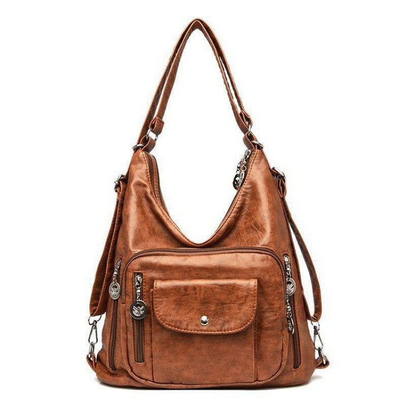 Washed Vegan Leather Convertible Hobo Backpack - Brown