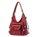 Washed Vegan Leather Convertible Hobo Backpack - Burgundy