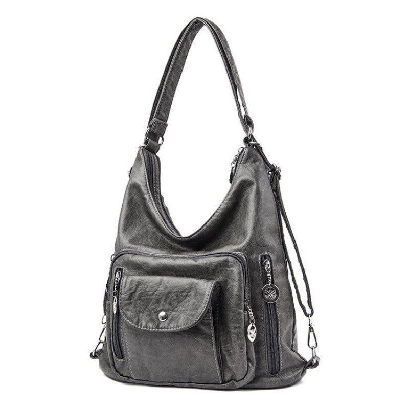 Washed Vegan Leather Convertible Hobo Backpack - Gray