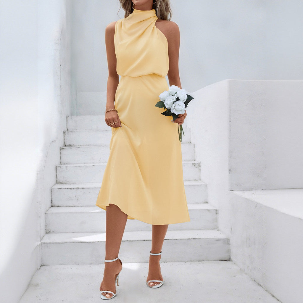 Satin Draped Mock Neck Halter Midi Dress - Butter Yellow