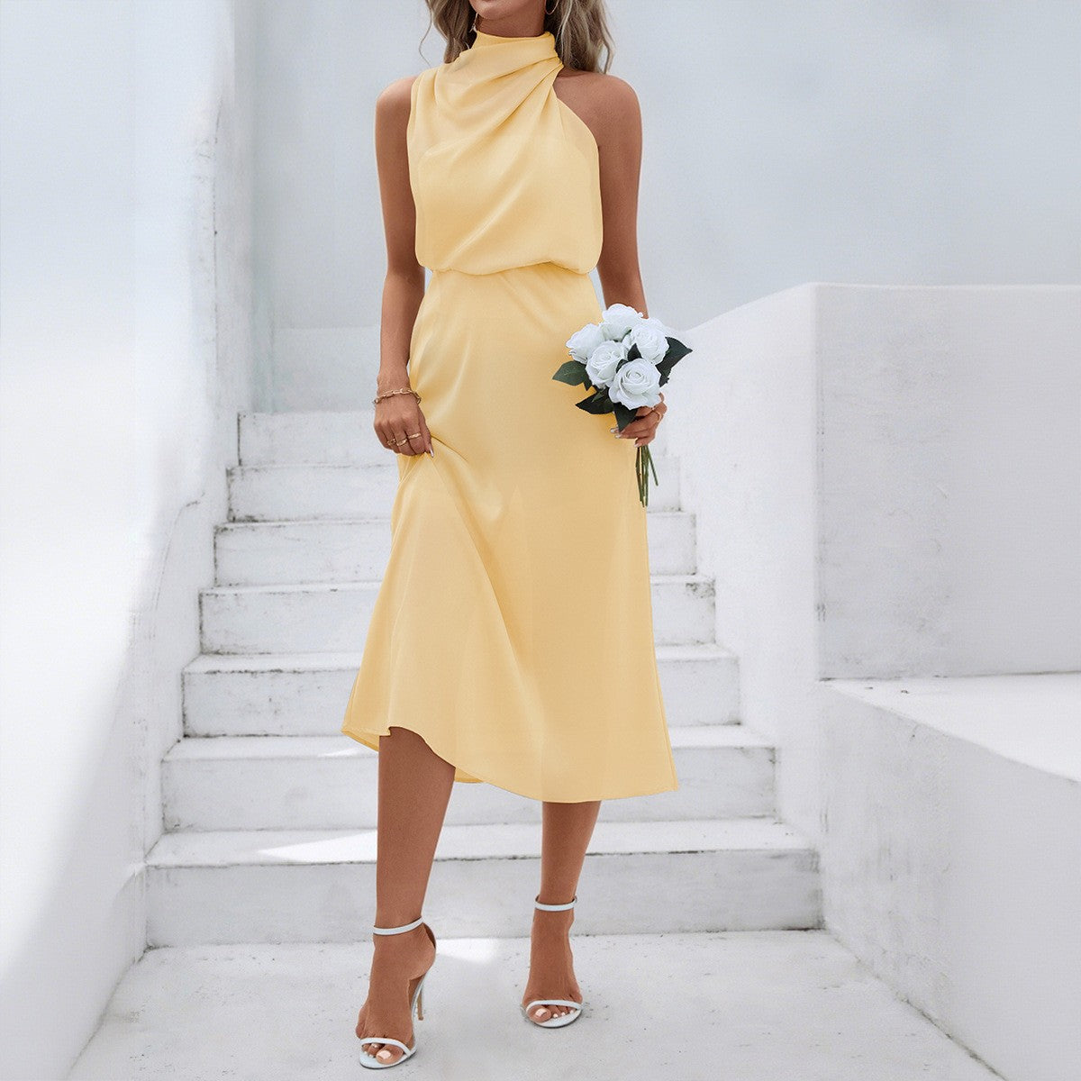 Satin Draped Mock Neck Halter Midi Dress - Butter Yellow