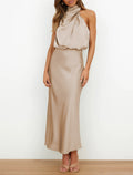 Satin Draped Mock Neck Halter Midi Dress - Champagne