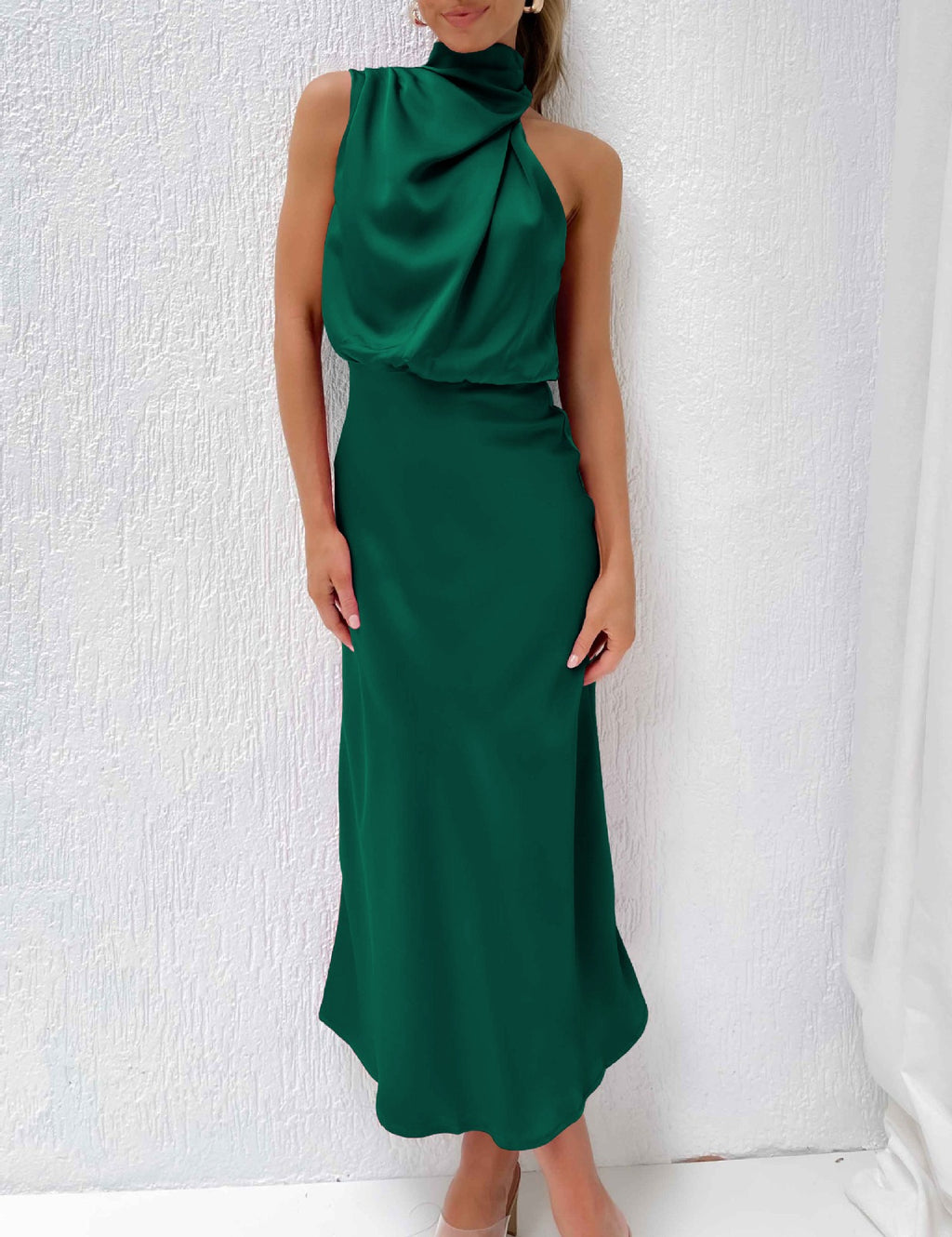 Satin Draped Mock Neck Halter Midi Dress - Emerald Green