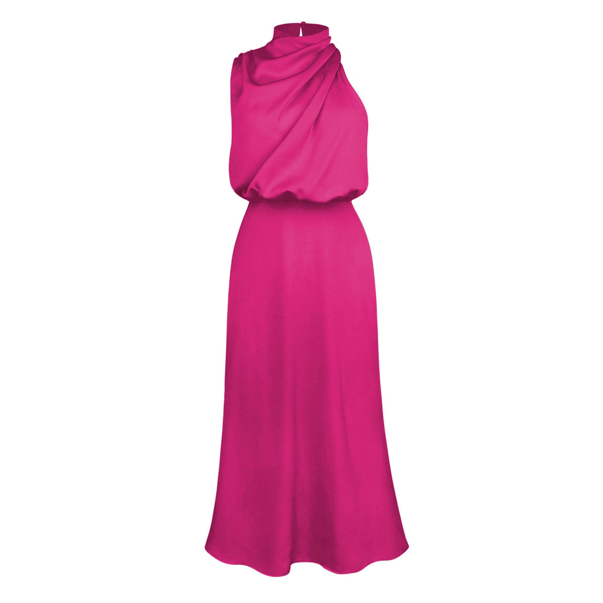 Satin Draped Mock Neck Halter Midi Dress - Hot Pink