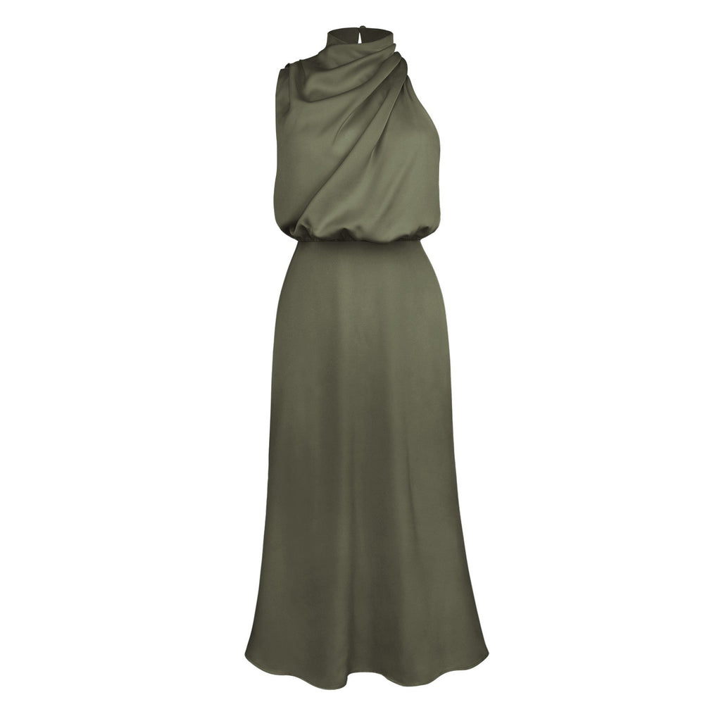 Satin Draped Mock Neck Halter Midi Dress - Olive