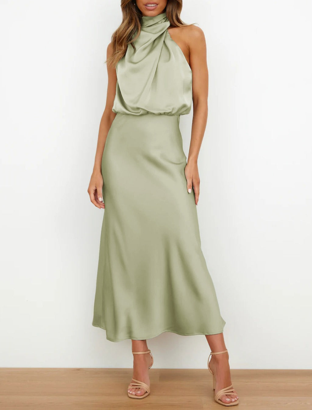 Satin Draped Mock Neck Halter Midi Dress - Sage Green