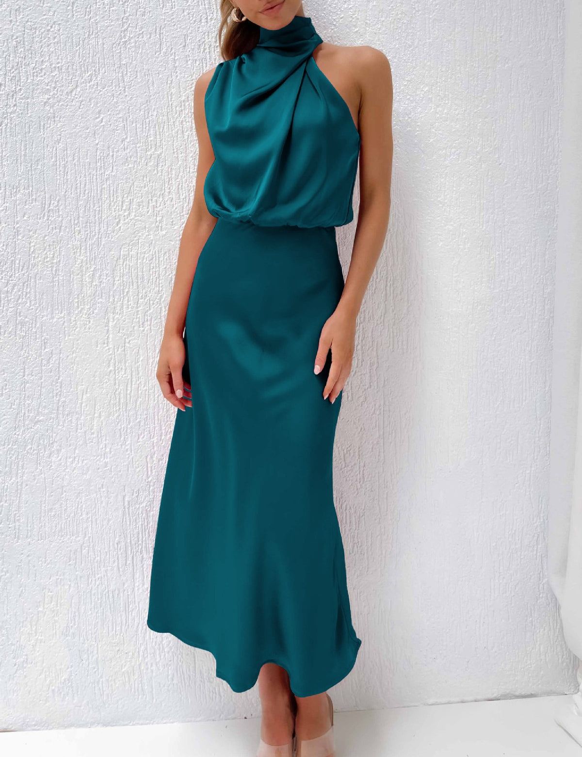 Satin Draped Mock Neck Halter Midi Dress - Teal