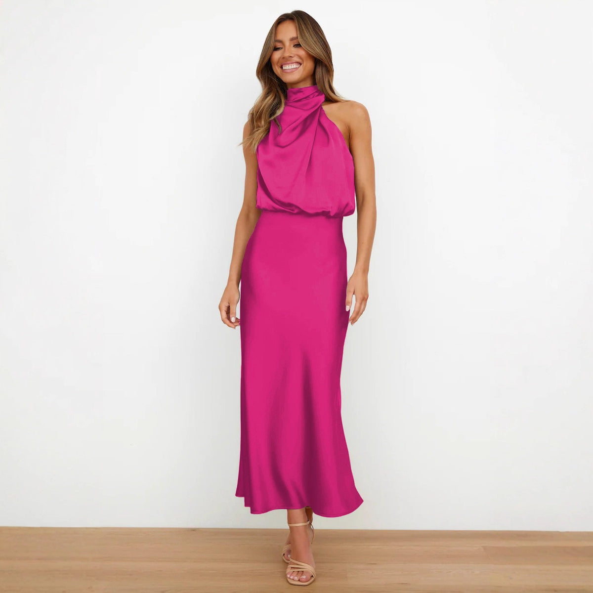 Satin Draped Mock Neck Halter Midi Dress