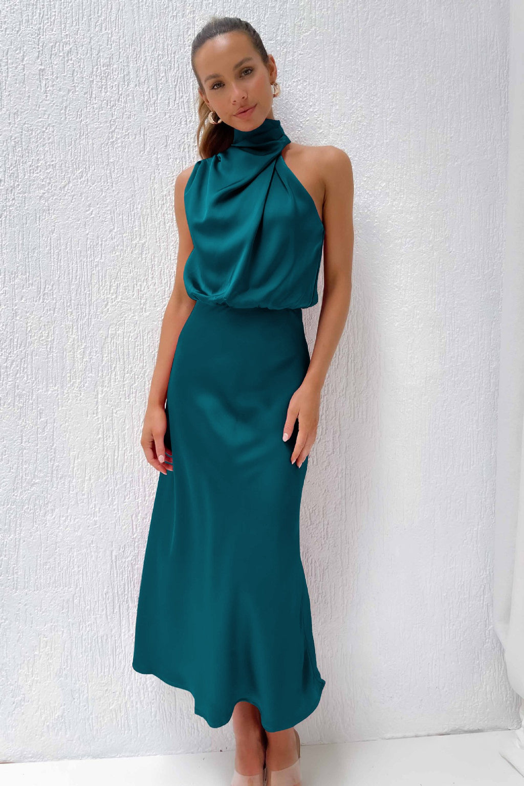 Satin Draped Mock Neck Halter Midi Dress