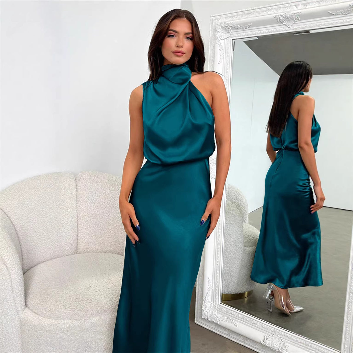 Satin Draped Mock Neck Halter Midi Dress