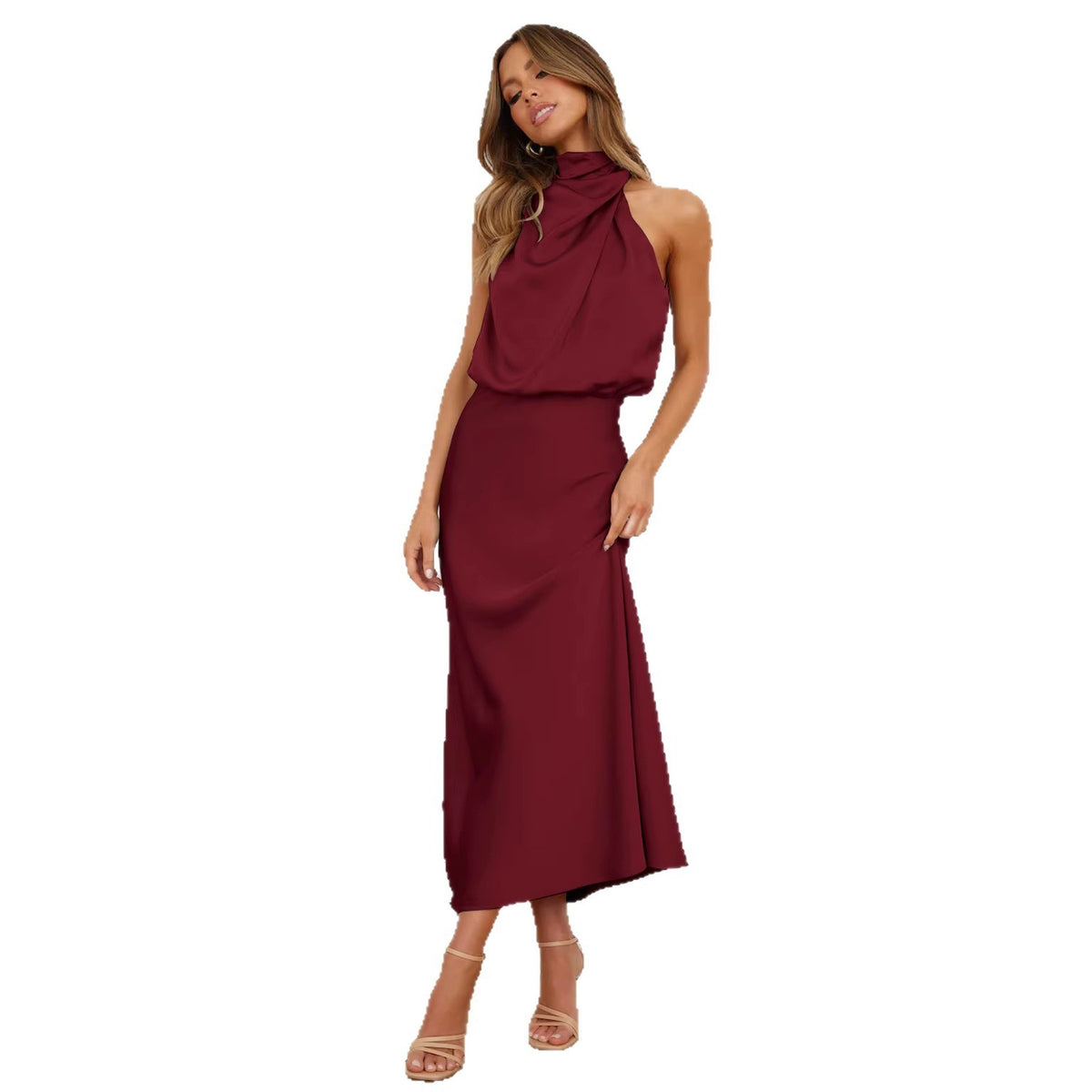 Satin Draped Mock Neck Halter Midi Dress