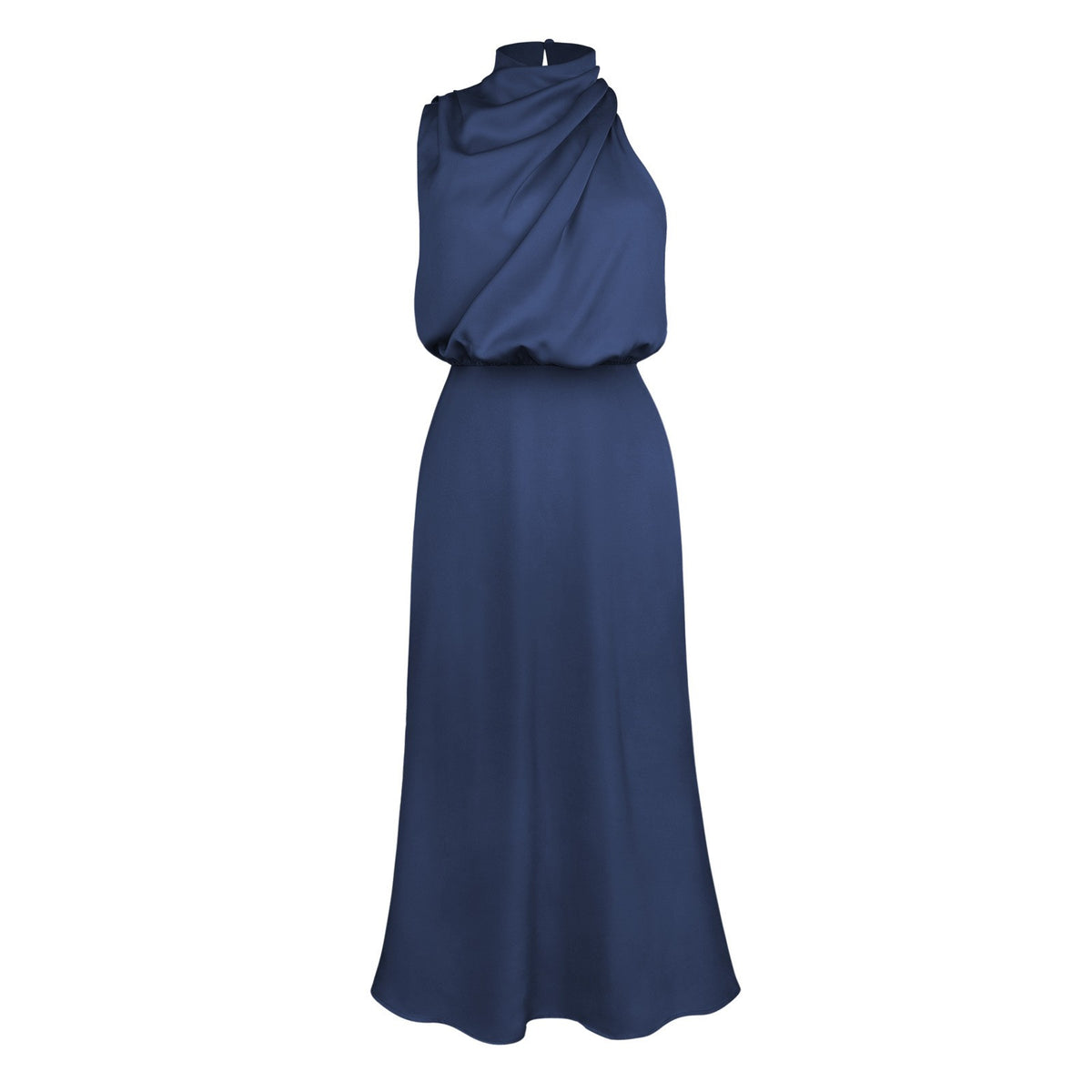 Satin Draped Mock Neck Halter Midi Dress