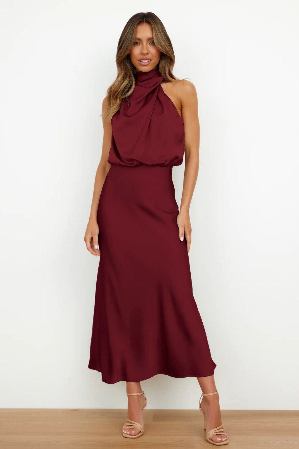 Satin Draped Mock Neck Halter Midi Dress