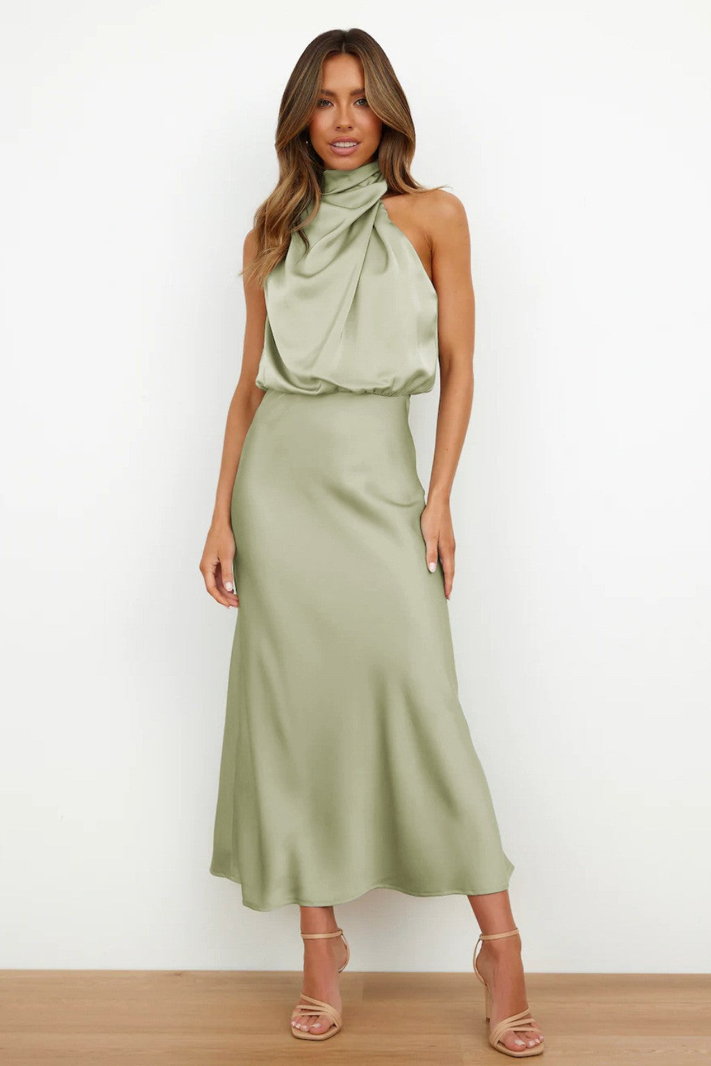Satin Draped Mock Neck Halter Midi Dress