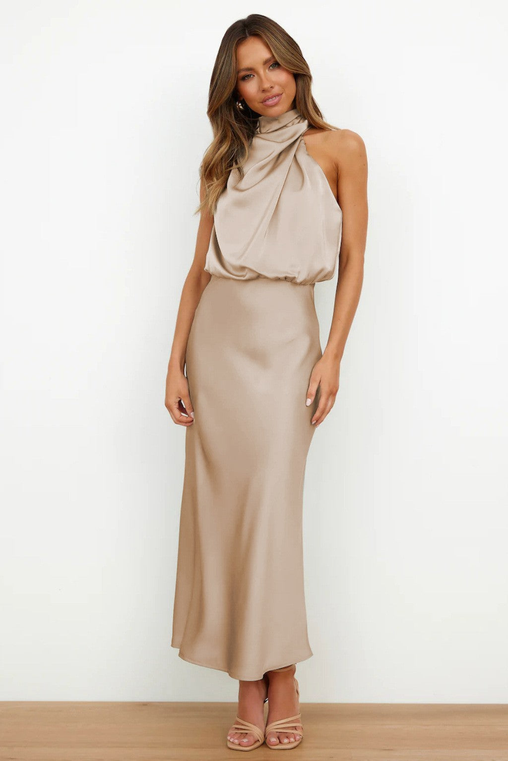 Satin Draped Mock Neck Halter Midi Dress