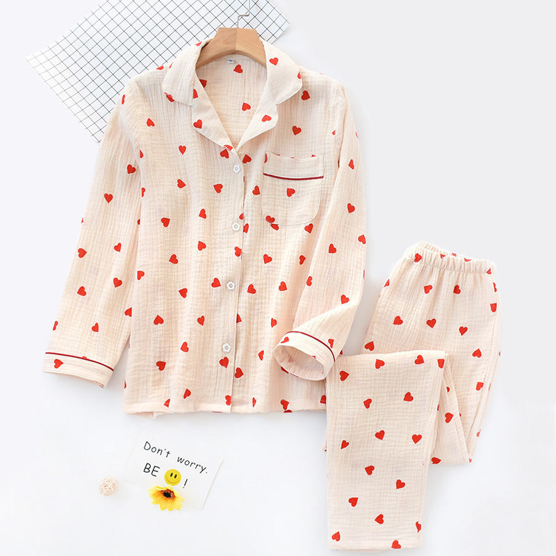 Heart Print Long Sleeve Pajama Set - Beige