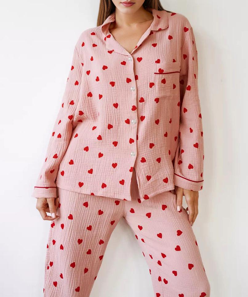 Heart Print Long Sleeve Pajama Set - Pink - 10