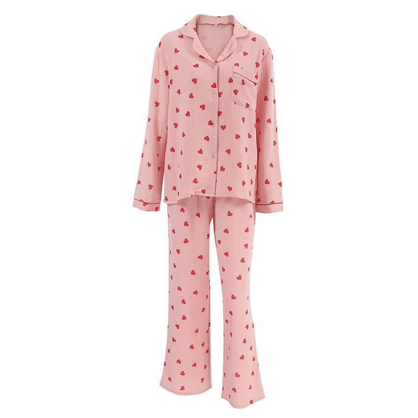 Heart Print Long Sleeve Pajama Set - Pink - 1