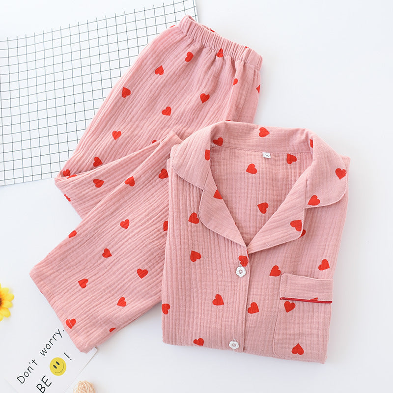 Heart Print Long Sleeve Pajama Set - Pink - 2