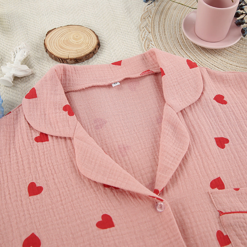 Heart Print Long Sleeve Pajama Set - Pink - 3