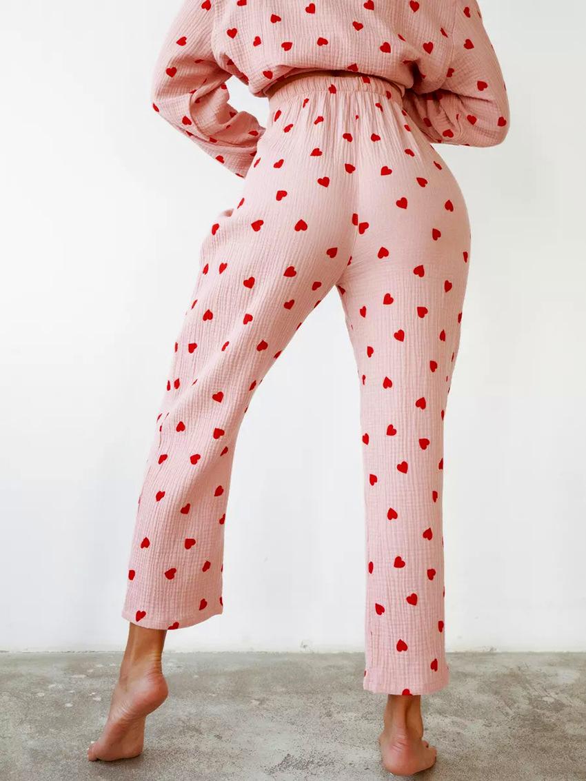 Heart Print Long Sleeve Pajama Set - Pink - 6