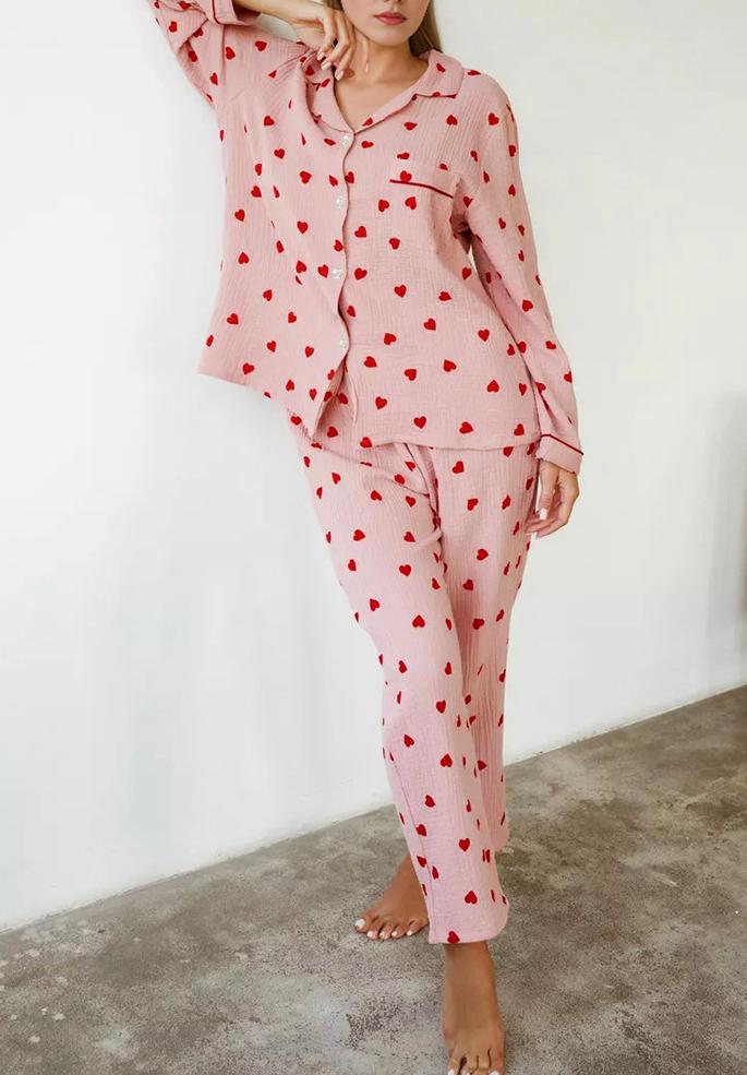 Heart Print Long Sleeve Pajama Set - Pink - 7