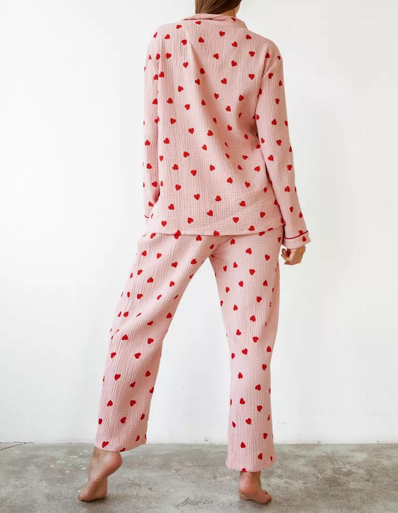 Heart Print Long Sleeve Pajama Set - Pink - 8