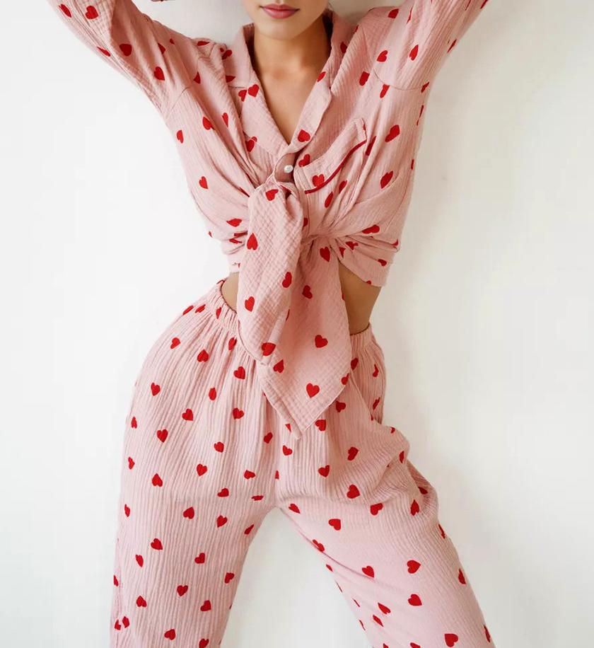 Heart Print Long Sleeve Pajama Set - Pink - 9