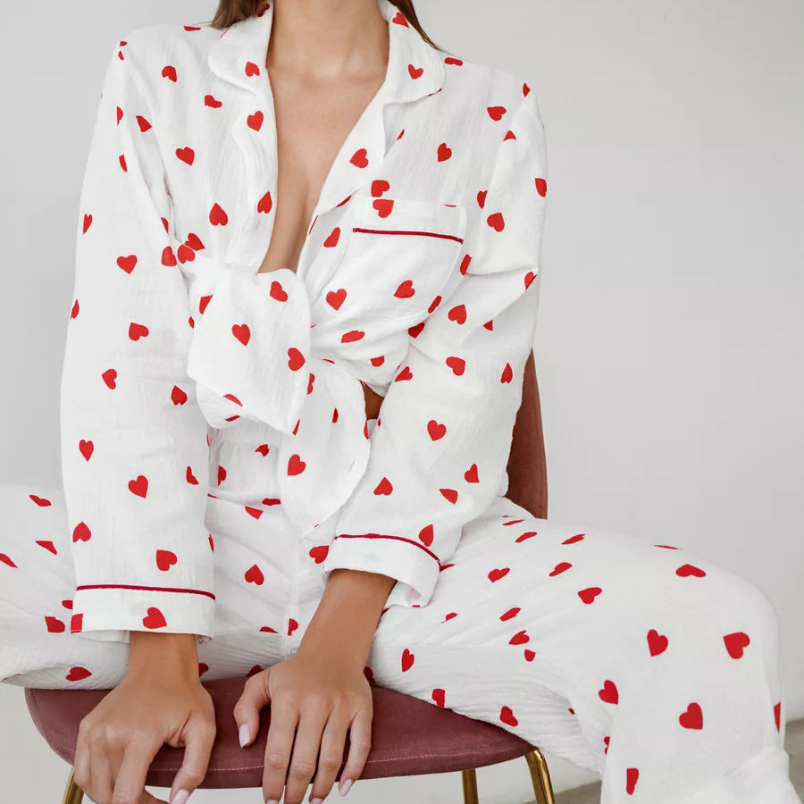 Heart Print Long Sleeve Pajama Set - White - 1