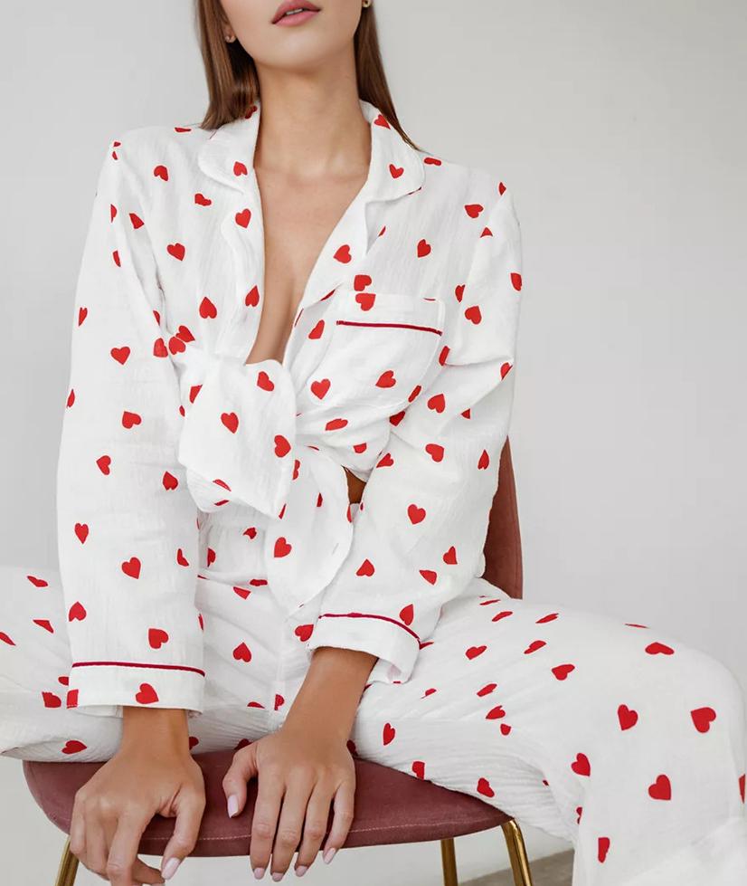 Heart Print Long Sleeve Pajama Set - White - 2