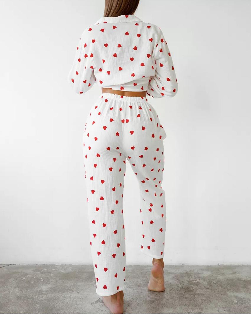 Heart Print Long Sleeve Pajama Set - White - 3