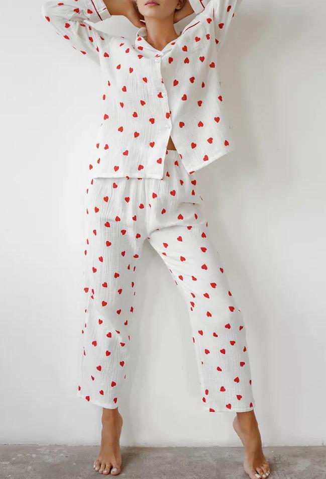 Heart Print Long Sleeve Pajama Set - White - 4