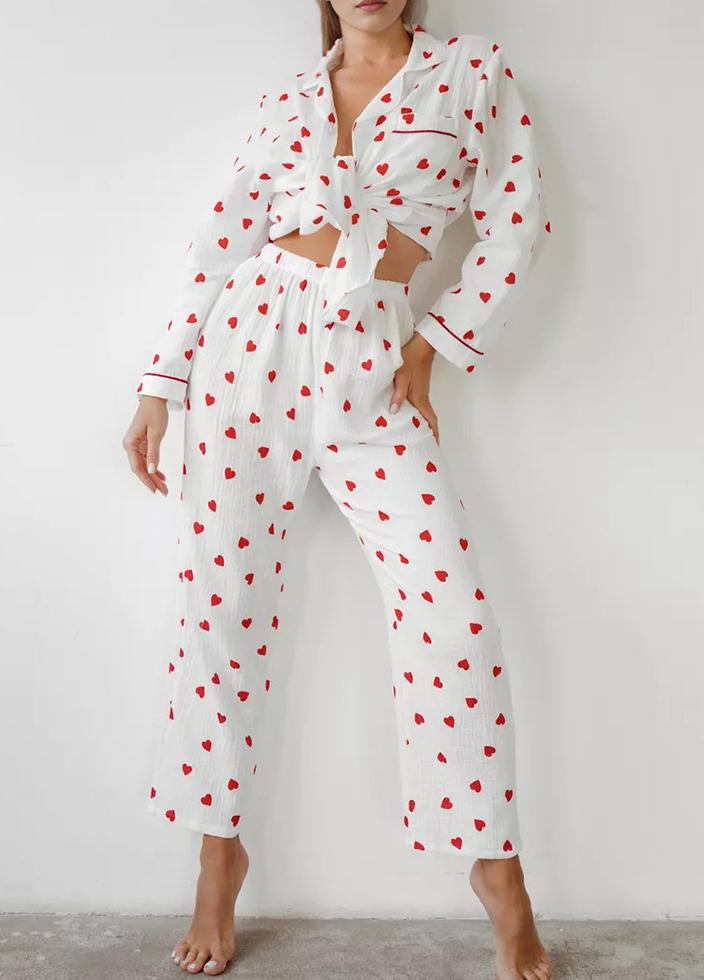Heart Print Long Sleeve Pajama Set - White - 5