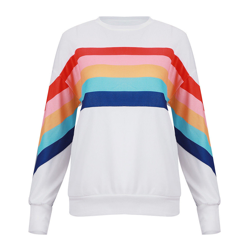 Rainbow Stripe Panel Crewneck Sweatshirt - White