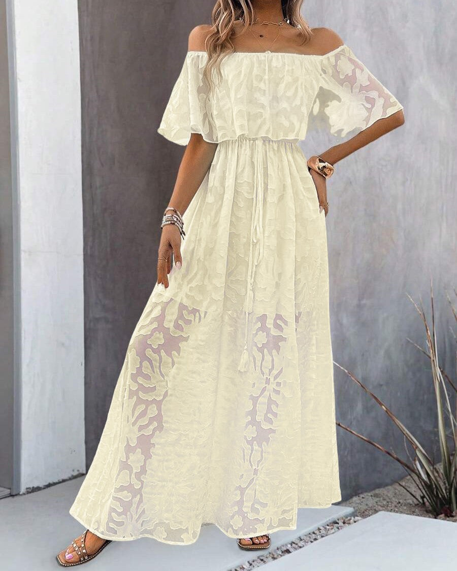 Off Shoulder Ruffle Slit Maxi Dress - Apricot