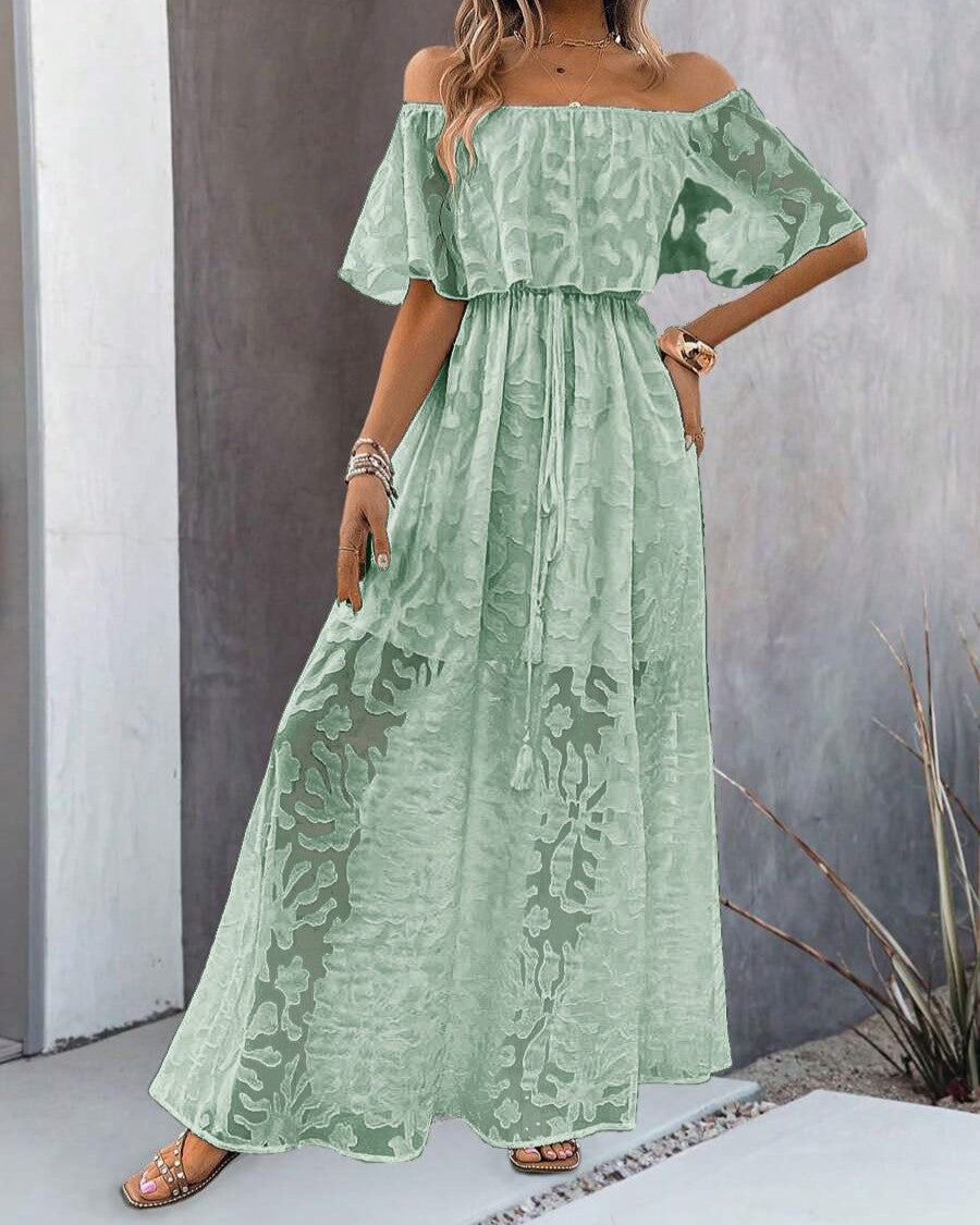 Off Shoulder Ruffle Slit Maxi Dress - Green
