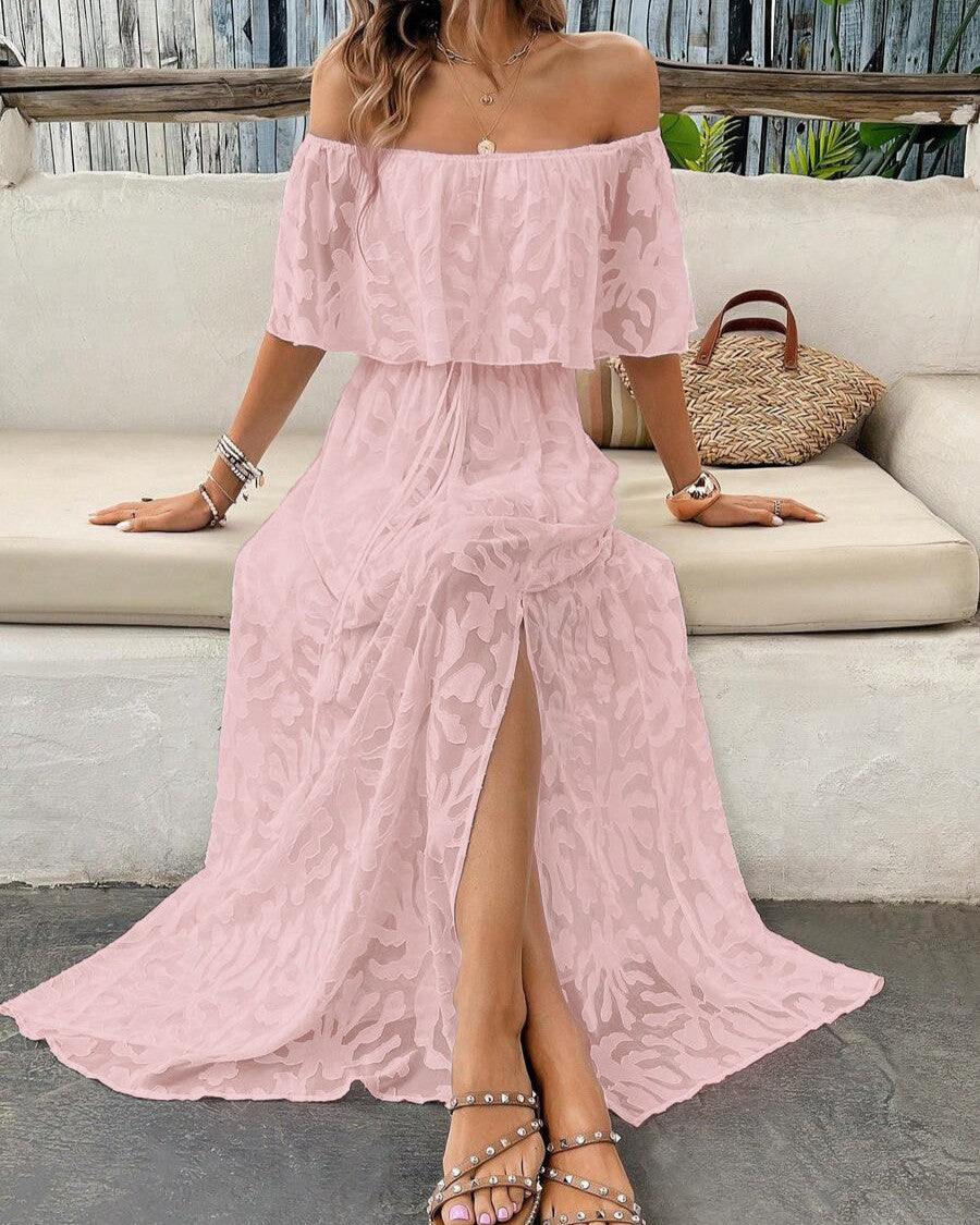 Off Shoulder Ruffle Slit Maxi Dress - Pink