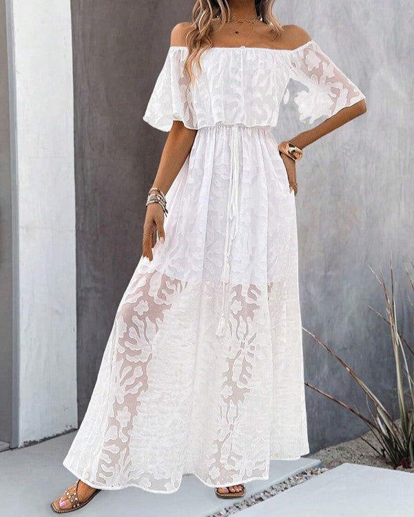 Off Shoulder Ruffle Slit Maxi Dress - White