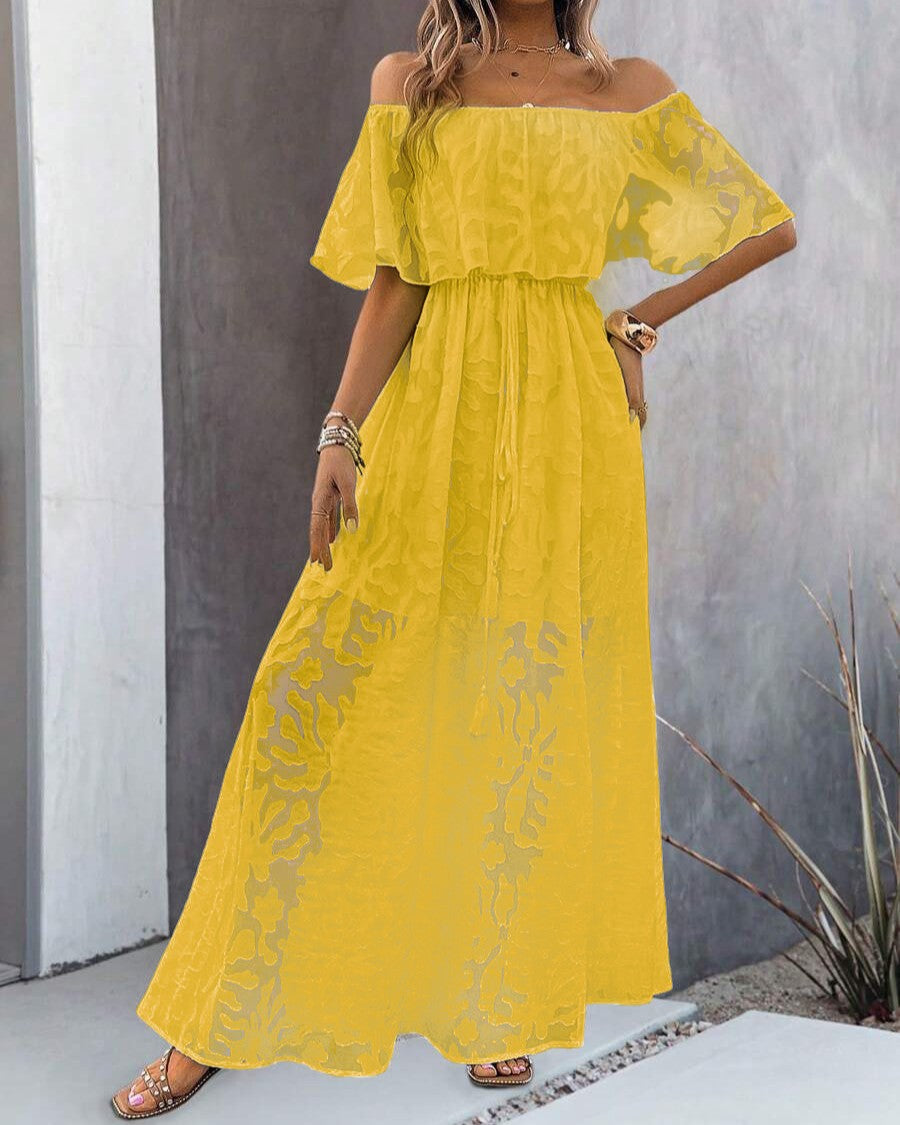 Off Shoulder Ruffle Slit Maxi Dress - Yellow - 1