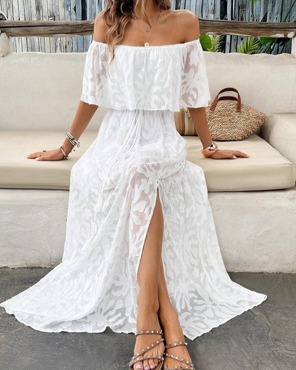 Off Shoulder Ruffle Slit Maxi Dress - Yellow - 2