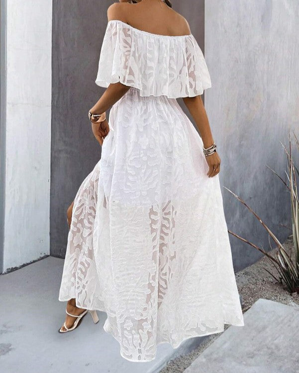 Off Shoulder Ruffle Slit Maxi Dress - Yellow - 3