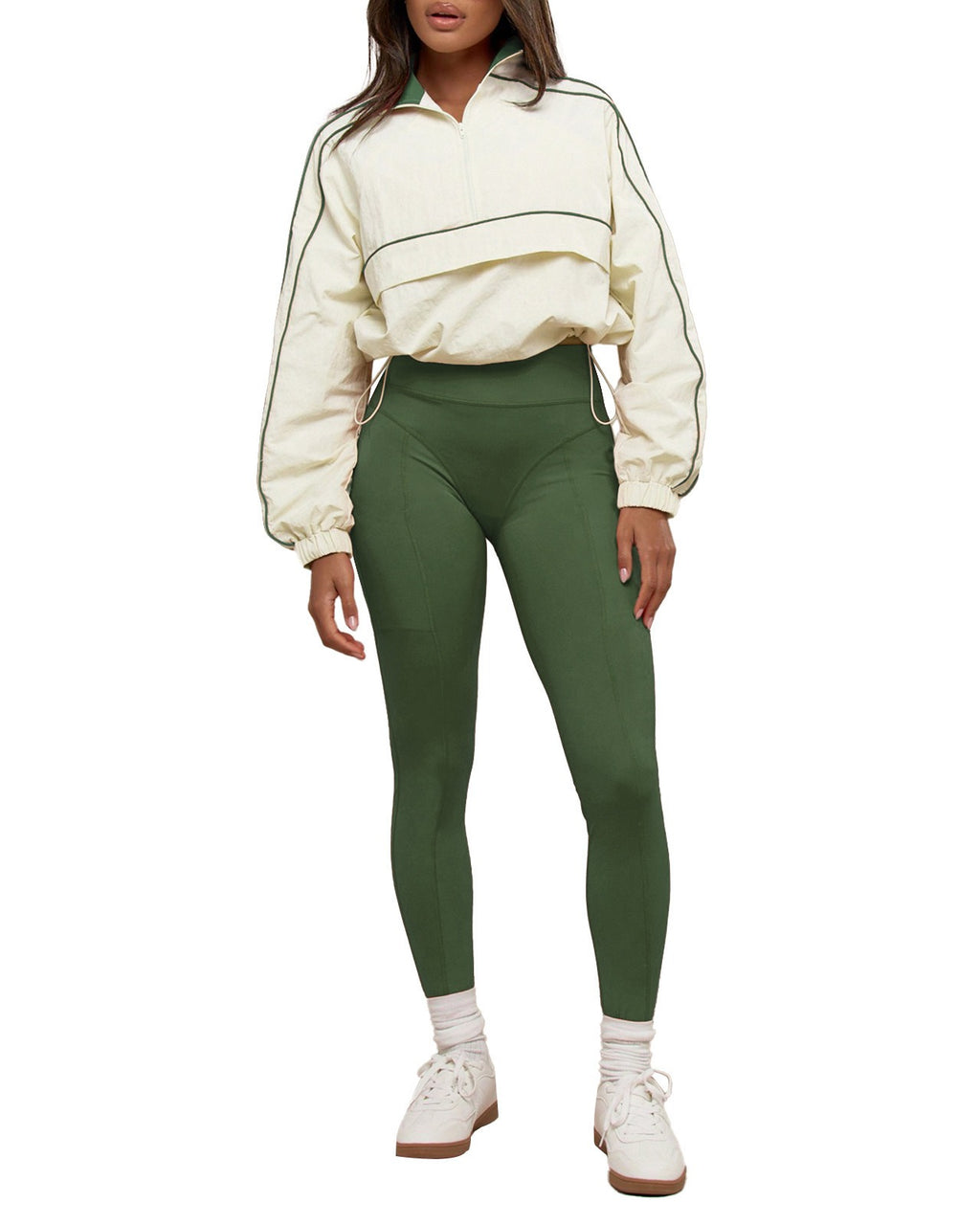 Cropped Half Zip Windbreaker and Leggings Workout Set - Olive Green