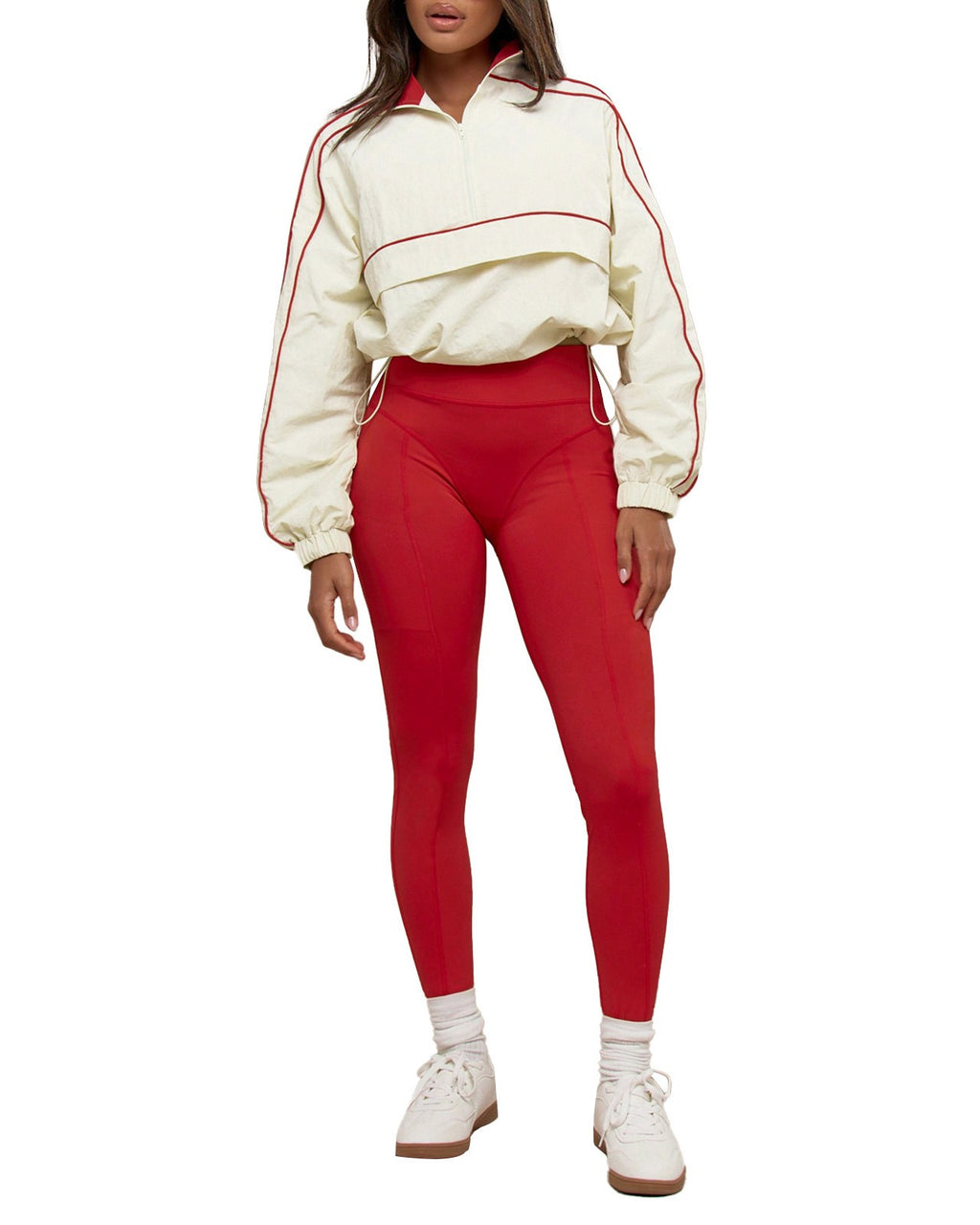 Cropped Half Zip Windbreaker and Leggings Workout Set - Red