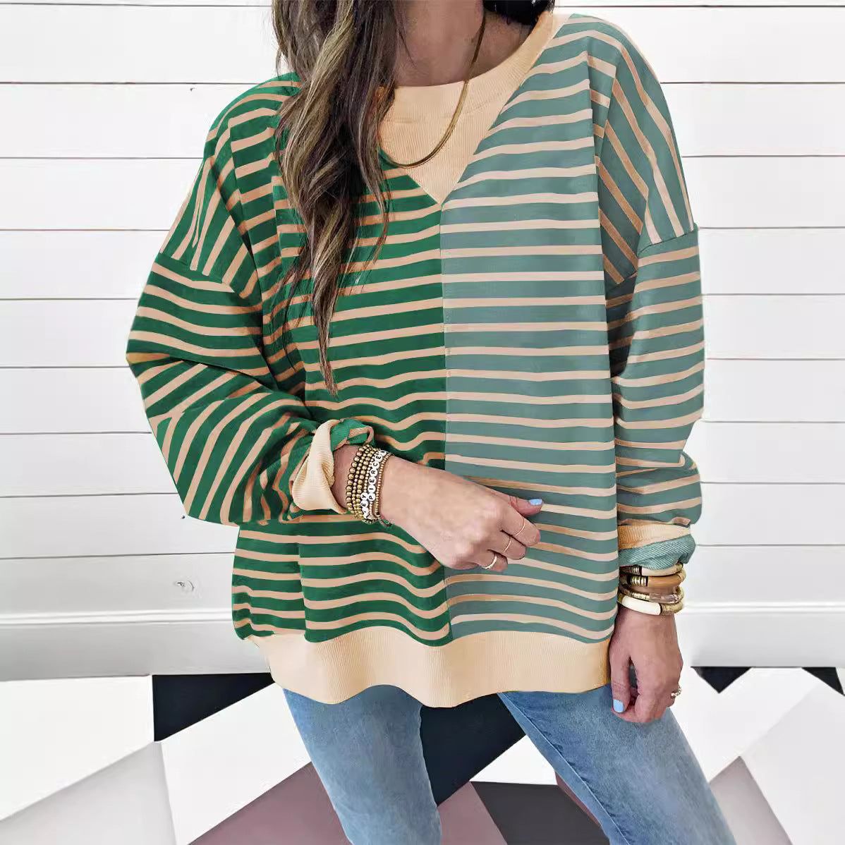 Colorblock Striped Oversized Cotton Sweatshirt - Green