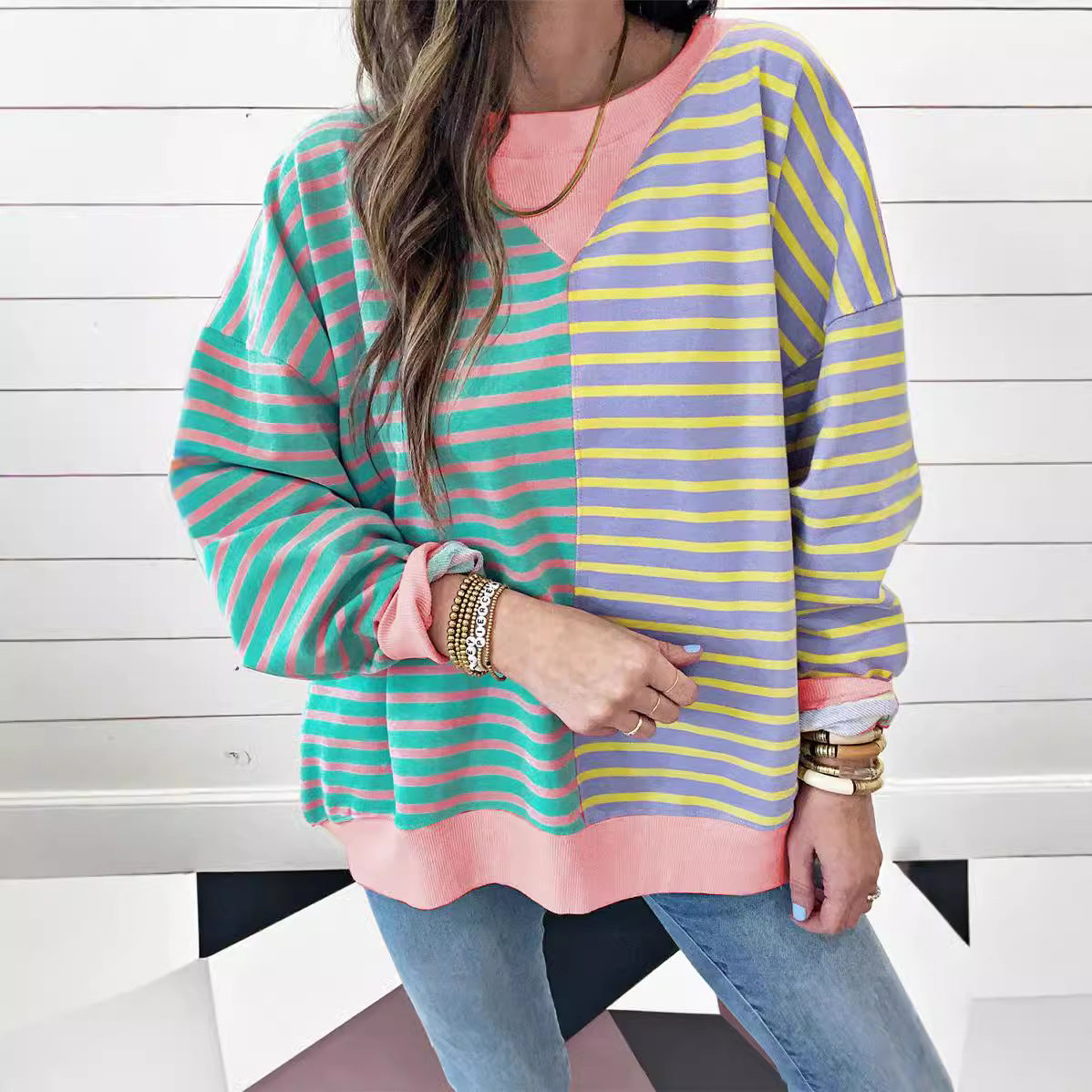 Colorblock Striped Oversized Cotton Sweatshirt - Pink